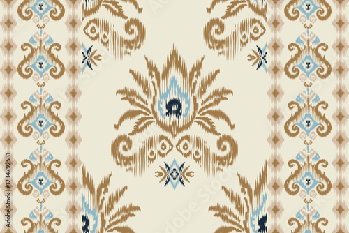 Seamless ethnic Ikat pattern with tribal and folk embroidery influences, featuring Aztec geometry in a Mexican style. Ideal for graphic design, carpets, wallpapers, wrapping paper, and clothing.