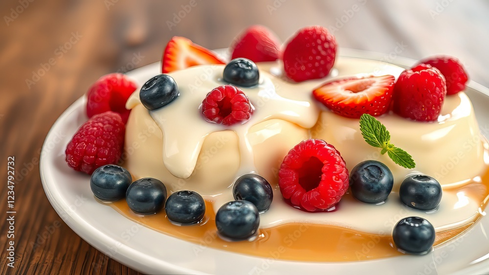 Creamy Pudding with Berries, White Sauce, Close-Up, Appetizing Dessert Creamy Pudding with Berries, White Sauce, Close-Up, Appetizing Dessert