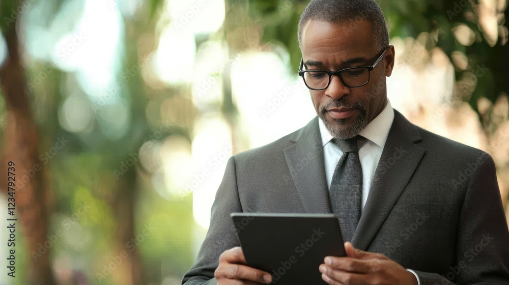 A businessman wearing a suit and glasses uses a tablet outdoors A businessman wearing a suit and glasses uses a tablet outdoors