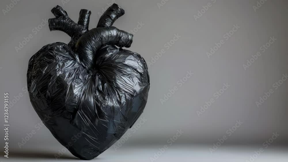 Floating black heart shifts gently against neutral background in dramatic sequence