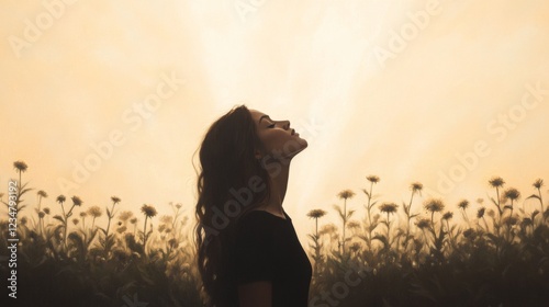 Woman silhouetted in field, sunset, peaceful.