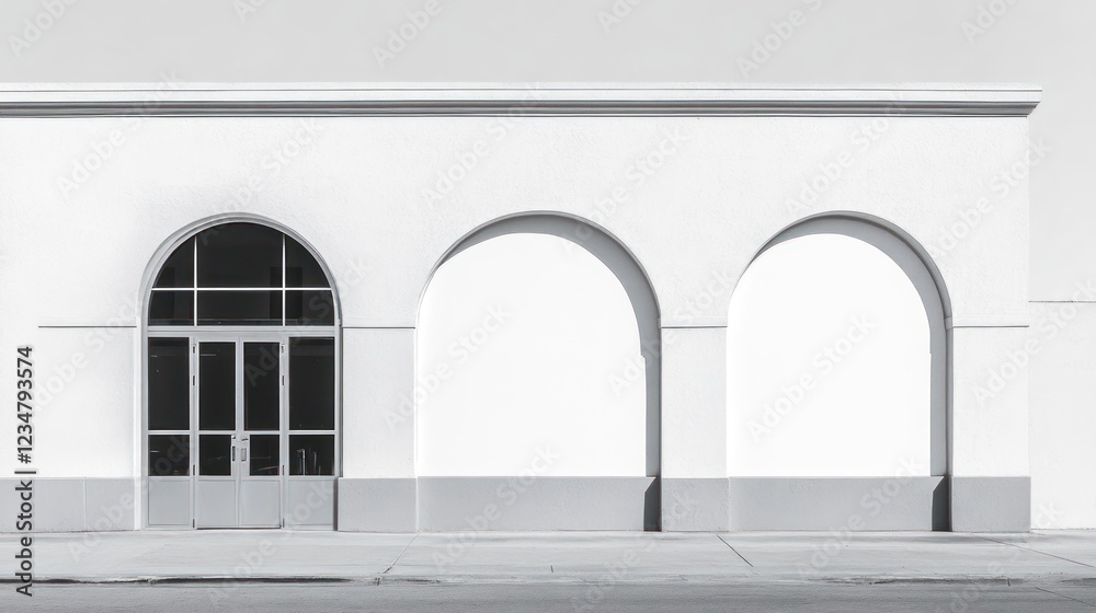 Fototapeta premium White Building with Three Arched Windows and a Door