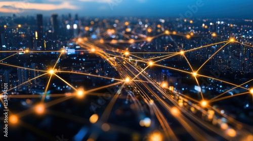Abstract Network Connections Over Cityscape at Night