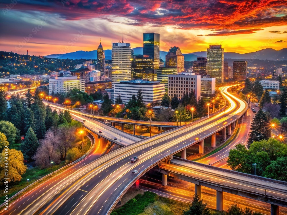 Fototapeta premium High-resolution image of downtown Portland's freeway at night, capturing the city's skyline, bridges, and traffic flow.