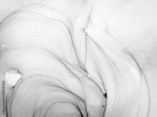 Alcohol Ink Art. Gray Marble Print Patterns. Black Alcohol Ink Texture. Monochrome Abstract Paint Swirl. Unique Marble. Cloude Background. Paint Mix.