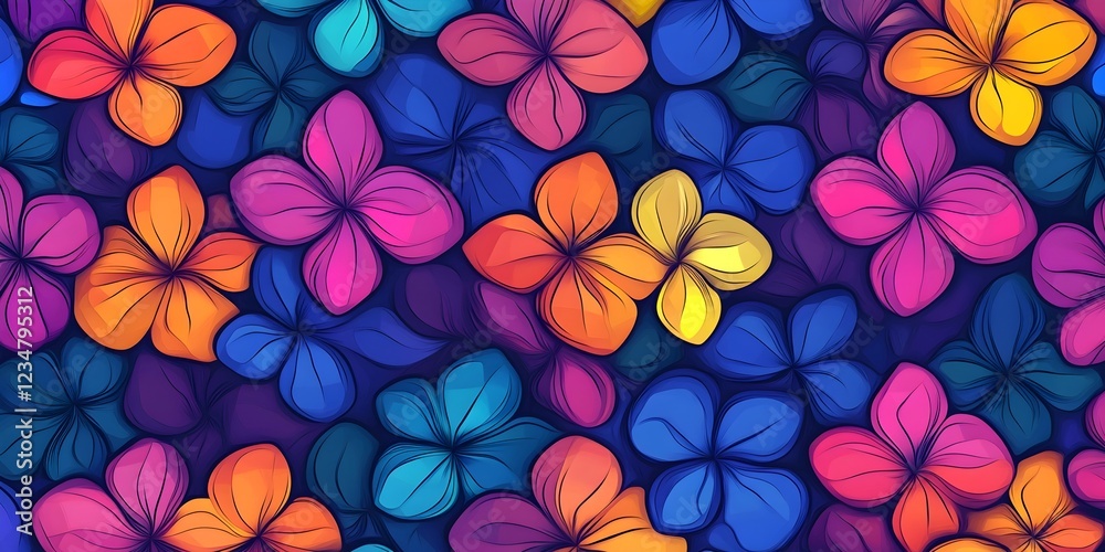 A dense floral pattern with stylized flowers in bold shades of blue, pink, orange, and yellow. The deep, dark background enhances the luminous, glowing effect of the petals. A dense floral pattern with stylized flowers in bold shades of blue, pink, orange, and yellow. The deep, dark background enhances the luminous, glowing effect of the petals.