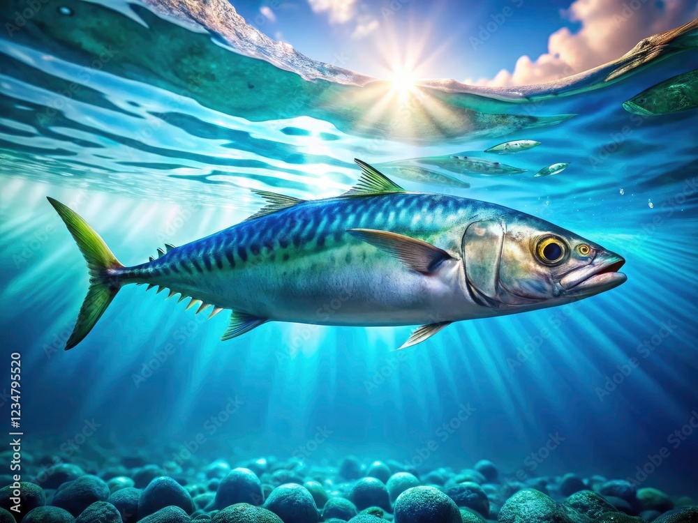 Fototapeta premium High-resolution image: single, delicious mackerel, left-aligned, ample copy space, ocean background, perfect for seafood market promotions.
