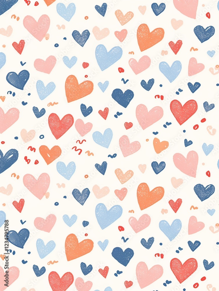 Valentine’s Day pattern featuring small colorful hearts in red and blue on a white background Valentine’s Day pattern featuring small colorful hearts in red and blue on a white background