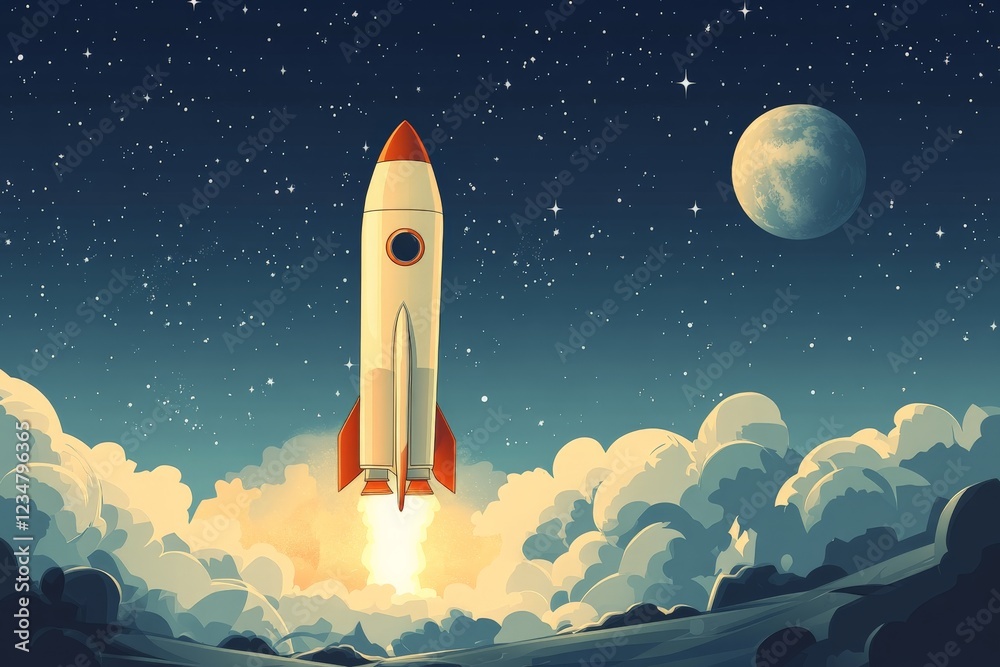 Rocket launching into outer space with a starry sky and a distant moon above Rocket launching into outer space with a starry sky and a distant moon above