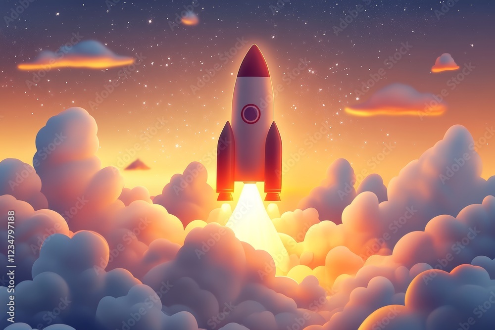 Rocket launch at sunset illuminating clouds with vibrant colors and a magical atmosphere Rocket launch at sunset illuminating clouds with vibrant colors and a magical atmosphere