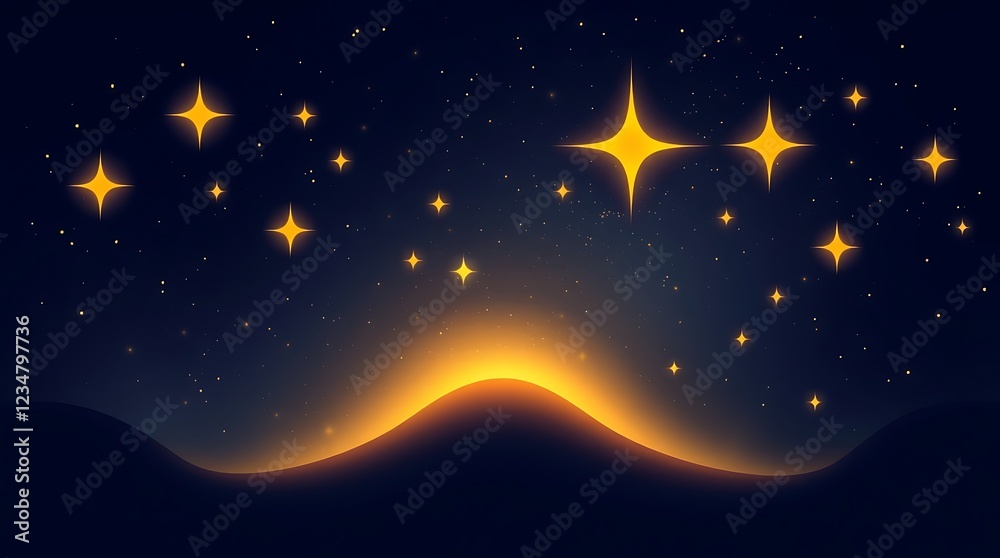 Fototapeta premium Modern flat design illustration of a starry night sky. A warm golden glow illuminates simple, two-dimensional shapes, creating a radiant and luxurious aesthetic