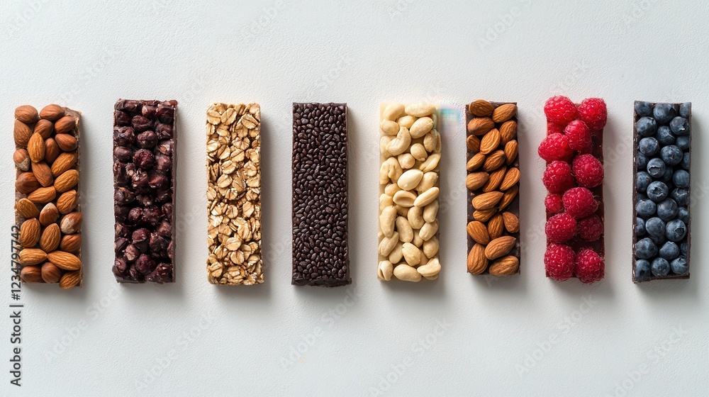 A row of bars with nuts and berries on top A row of bars with nuts and berries on top