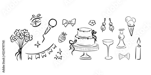 Wedding clipart, cake, flowers, ice cream, macaroon, candle, microphone, strawberry, earrings, wine glass, tied bow