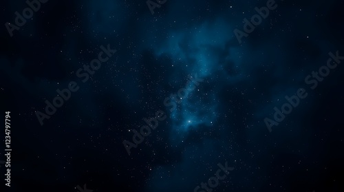 Overhead bird’s eye view of a dramatic stormy night sky, dark blue background, twinkling stars on a black canvas. Glittering celestial bodies sparkle, stormy skies, high tension, top-down perspect