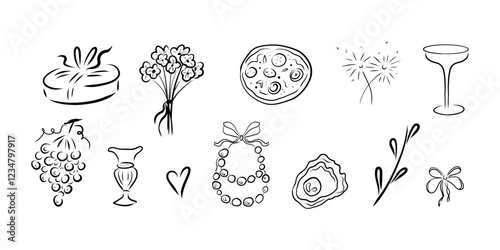 Wedding clipart, wine glass, pizza, jewelry, bunch of grapes, heart, pearl shell, pearl, bouquet of flowers, tied bow, fireworks