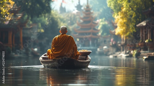 buddhist tradition of a monk rowing a wooden boat along a calm canal to collect food in an alms bowl, symbolizing peace and spiritual devotion in buddhist culture photo