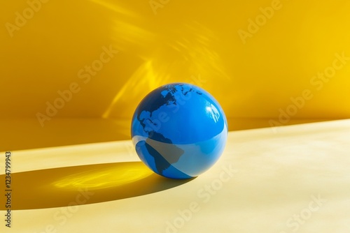 Blue globe on vibrant yellow background with shadow photo