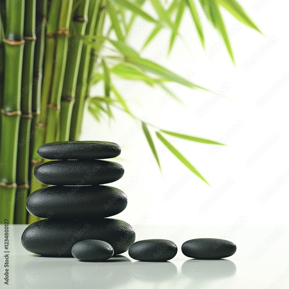 Stacked Black Stones Near Green Bamboo Plants Stacked Black Stones Near Green Bamboo Plants