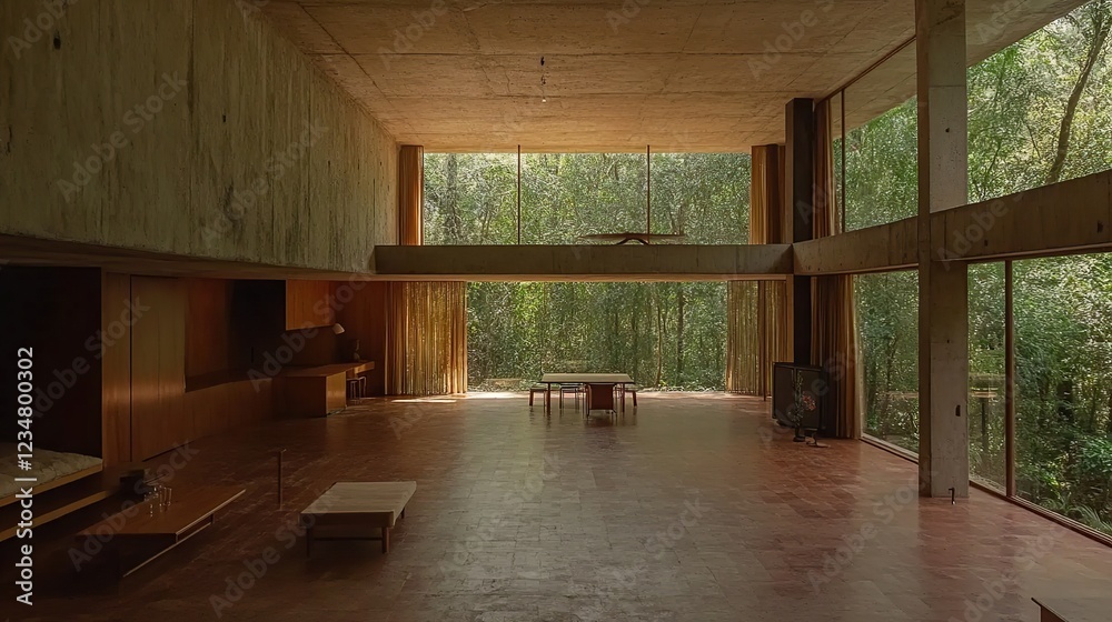 Obraz premium Jungle house interior, spacious living, concrete walls, large windows, rainforest view