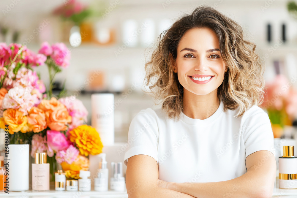 Smiling Woman in Flower Shop: A confident and friendly woman with curly hair smiles warmly, standing in her vibrant flower shop, surrounded by beautiful blooms and cosmetic products. Smiling Woman in Flower Shop: A confident and friendly woman with curly hair smiles warmly, standing in her vibrant flower shop, surrounded by beautiful blooms and cosmetic products.