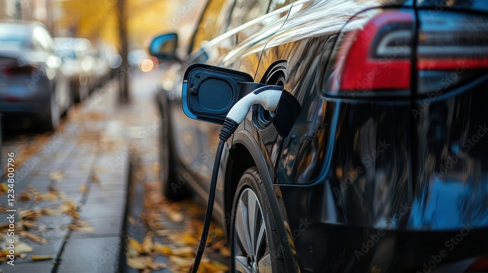 Obraz premium Electric Vehicle Charging on a City Street