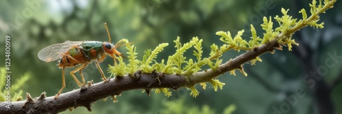 An aphid sucking sap from a tree branch, tiny and insignificant, aphid, outdoor, macro photography photo