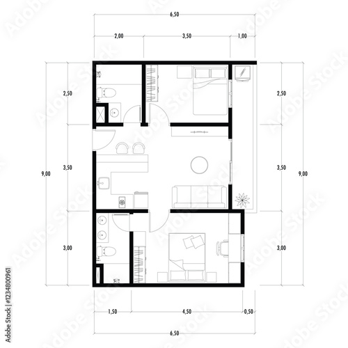 Floor plan blueprint of apartment, Figure of the jotting sketch of the construction and the industrial skeleton of the structure and dimensions.