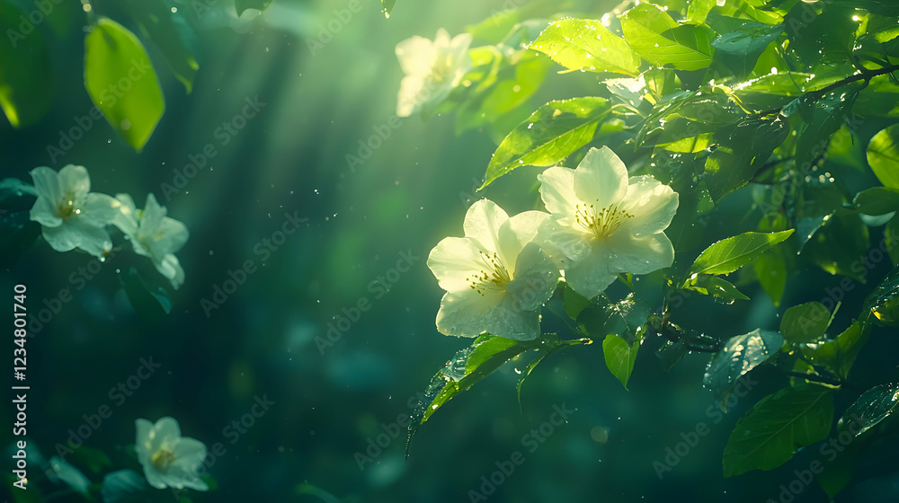 Fototapeta premium Sunlight through leaves, white flowers, rain, nature background