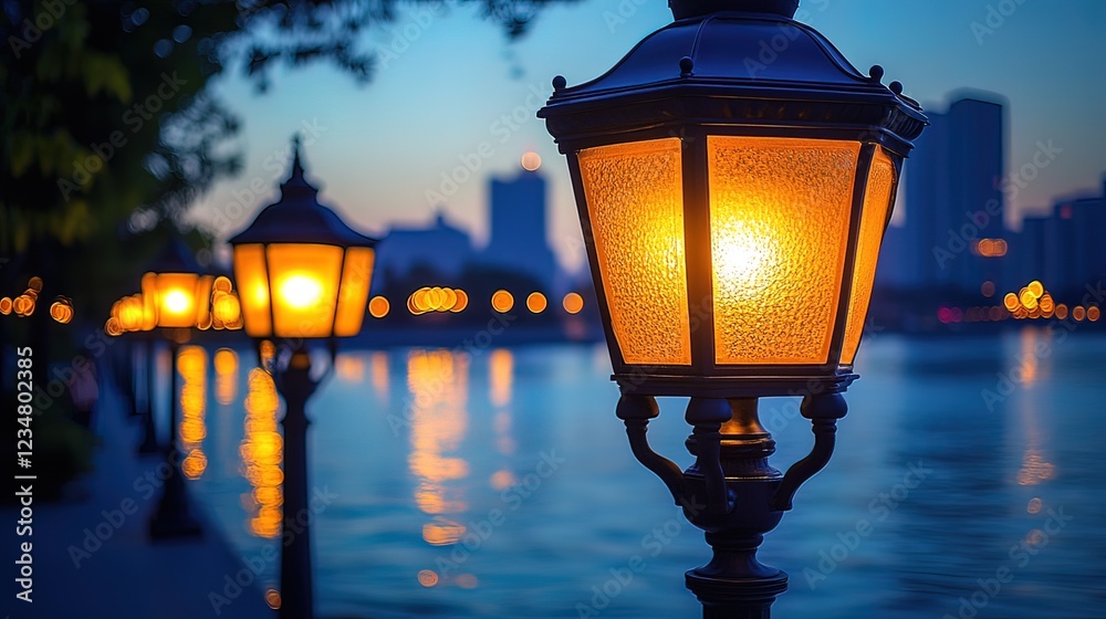 Illuminated Lamppost Beside Tranquil Evening Water Illuminated Lamppost Beside Tranquil Evening Water