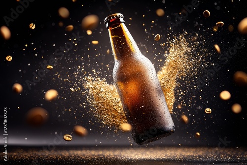Beer Bottle Explosion: A close-up shot of a beer bottle suspended in mid-air, as if frozen in time, with a dramatic explosion of golden malt particles and grains cascading around it.