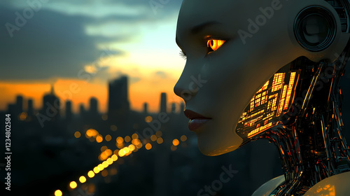 Robot profile with glowing circuitry against a sunset cityscape, featuring luminous eyes and intricate mechanical details reflecting futuristic technology and urban environment. photo