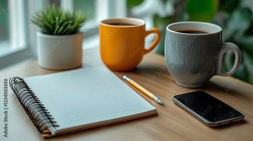 Coffee mugs notebook pencil and phone near a plant Coffee mugs notebook pencil and phone near a plant