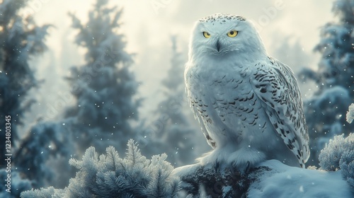 Snowy owl perching on rock in winter forest during snowfall