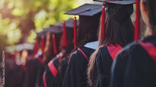 Back view of graduates in academic gowns with red tassels