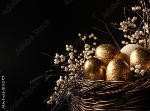 A beautifully crafted basket filled with patterned Easter eggs on a dark background, emphasizing luxury and elegance. Perfect for celebrations, decorations, and religious or festive the