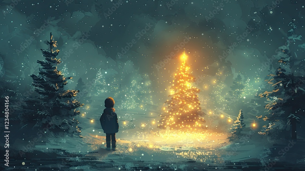 Fototapeta premium flat design, illustration, A Magical Christmas Eve A young boy experiences an enchanted Christmas night. Illustration: Snow-covered streets, a glowing Christmas tree