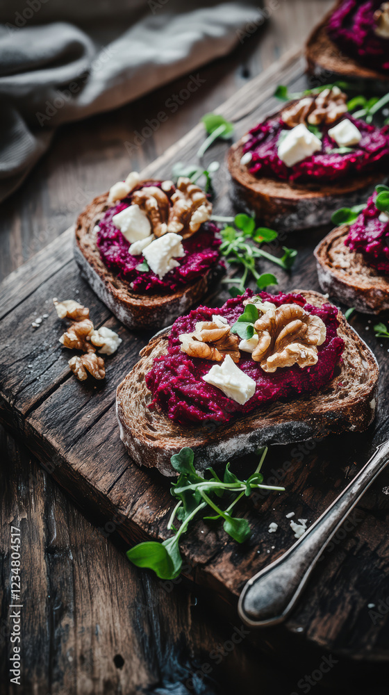 Rustic wooden board displaying artisan bread spread with vivid beetroot, topped with crumbled feta, chopped walnuts, and delicate microgreens Rustic wooden board displaying artisan bread spread with vivid beetroot, topped with crumbled feta, chopped walnuts, and delicate microgreens