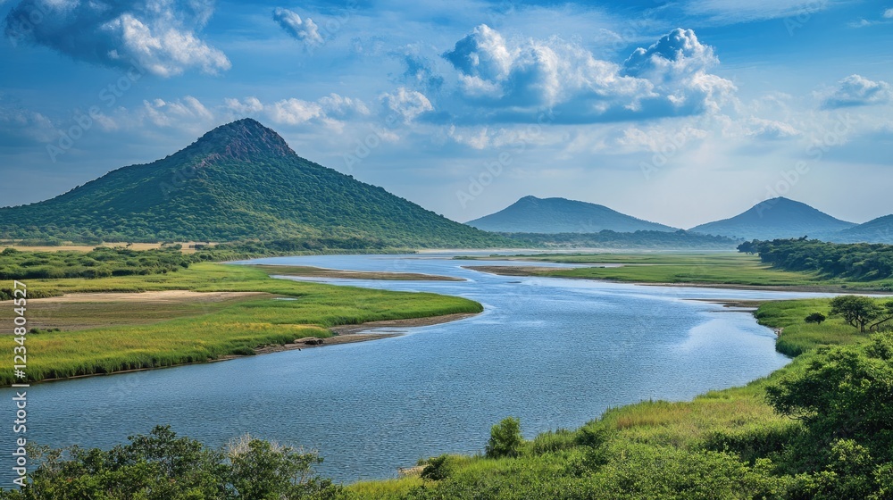 Serene Landscape with River Flowing Past Lush Green Hills and Cloudy Sky Serene Landscape with River Flowing Past Lush Green Hills and Cloudy Sky