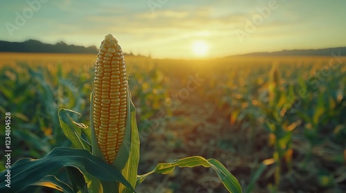 Golden corn cob at sunset in a vast field photo