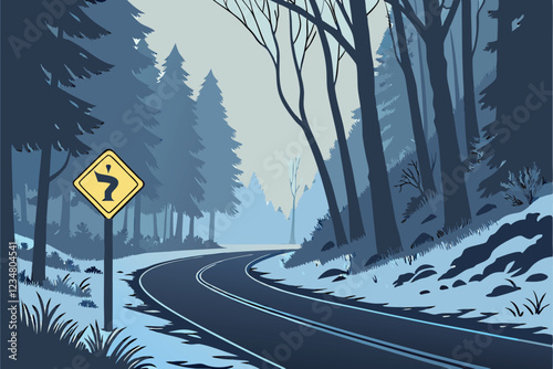  Winter road, snowy landscape, yellow slippery sign, icy conditions, forest, low angle view, depth of field, dramatic lighting, blue tones, atmospheric, cinematic, warning, danger, highway, caution
