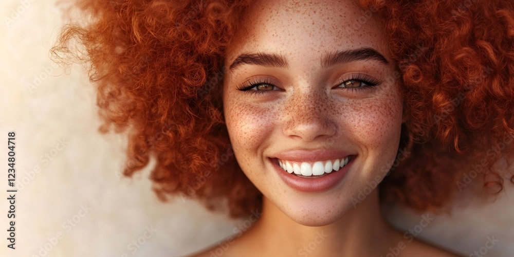 Portrait of smiling redhead model with freckles showing white teeth Portrait of smiling redhead model with freckles showing white teeth