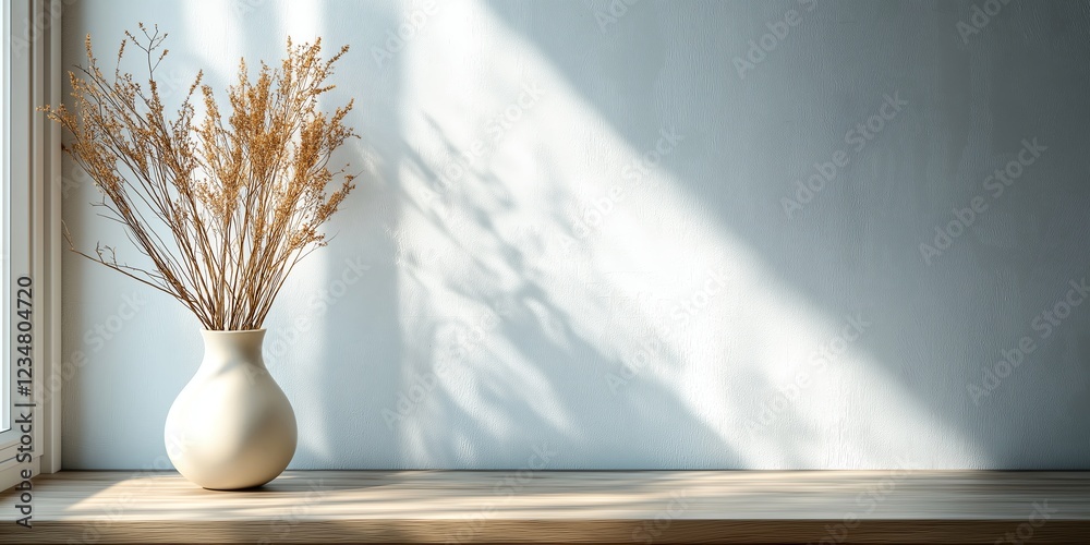 Minimalist interior with sunlight casting shadows on a vase with dried flowers on a wooden table, creating a serene atmosphere. Minimalist interior with sunlight casting shadows on a vase with dried flowers on a wooden table, creating a serene atmosphere.