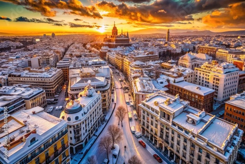 Madrid Street Sunset Snow Drone Photography: Breathtaking Aerial Views of Snowy Madrid at Dusk