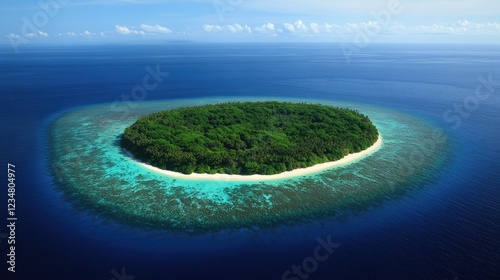 Aerial view of a lush green tropical island surrounded by crystal clear turquoise waters in the middle of the ocean