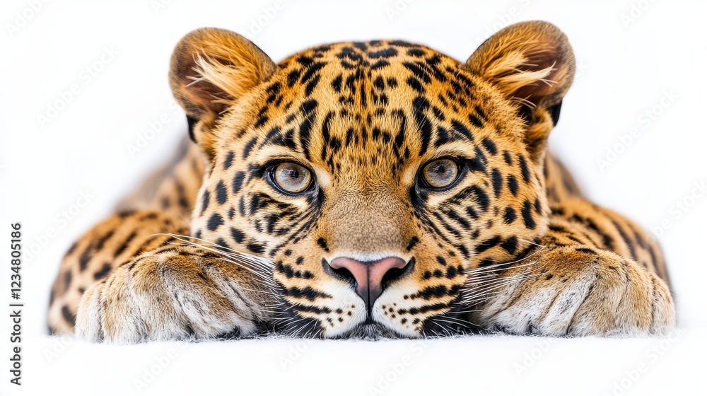 Obraz premium Majestic Leopard Staring Intently Against White Background