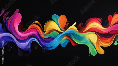 Abstract colorful wavy lines on black background with flowing soft, rounded letters in rainbow gradient