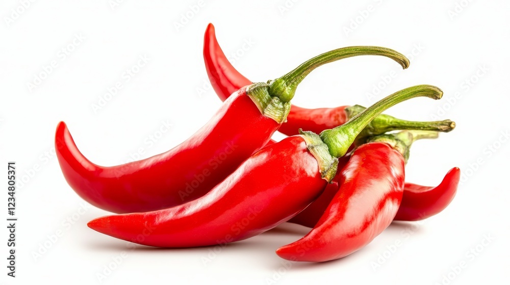 Spicy Red Chili Peppers: A vibrant cluster of ripe red chili peppers, glistening with a fiery hue, arranged artfully for a visually striking image. Spicy Red Chili Peppers: A vibrant cluster of ripe red chili peppers, glistening with a fiery hue, arranged artfully for a visually striking image.
