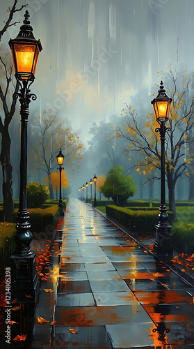 Autumn park pathway illuminated by glowing street lamps.

