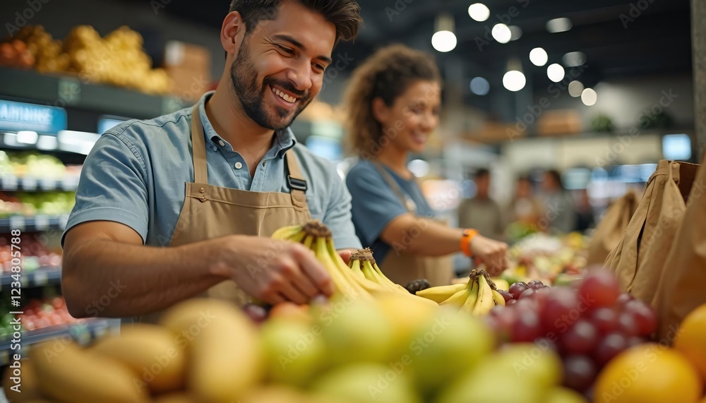 Fototapeta premium Smiling grocer arranging vibrant fruits, creating a cheerful market atmosphere. Fresh bananas and grapes take center stage!