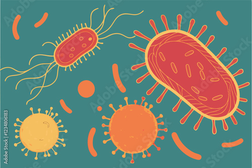  Microscopic bacteria and viruses, colorful microorganisms, scientific illustration, vibrant colors, detailed cellular structures, rod-shaped bacteria, spherical viruses, organic shapes, teal backg